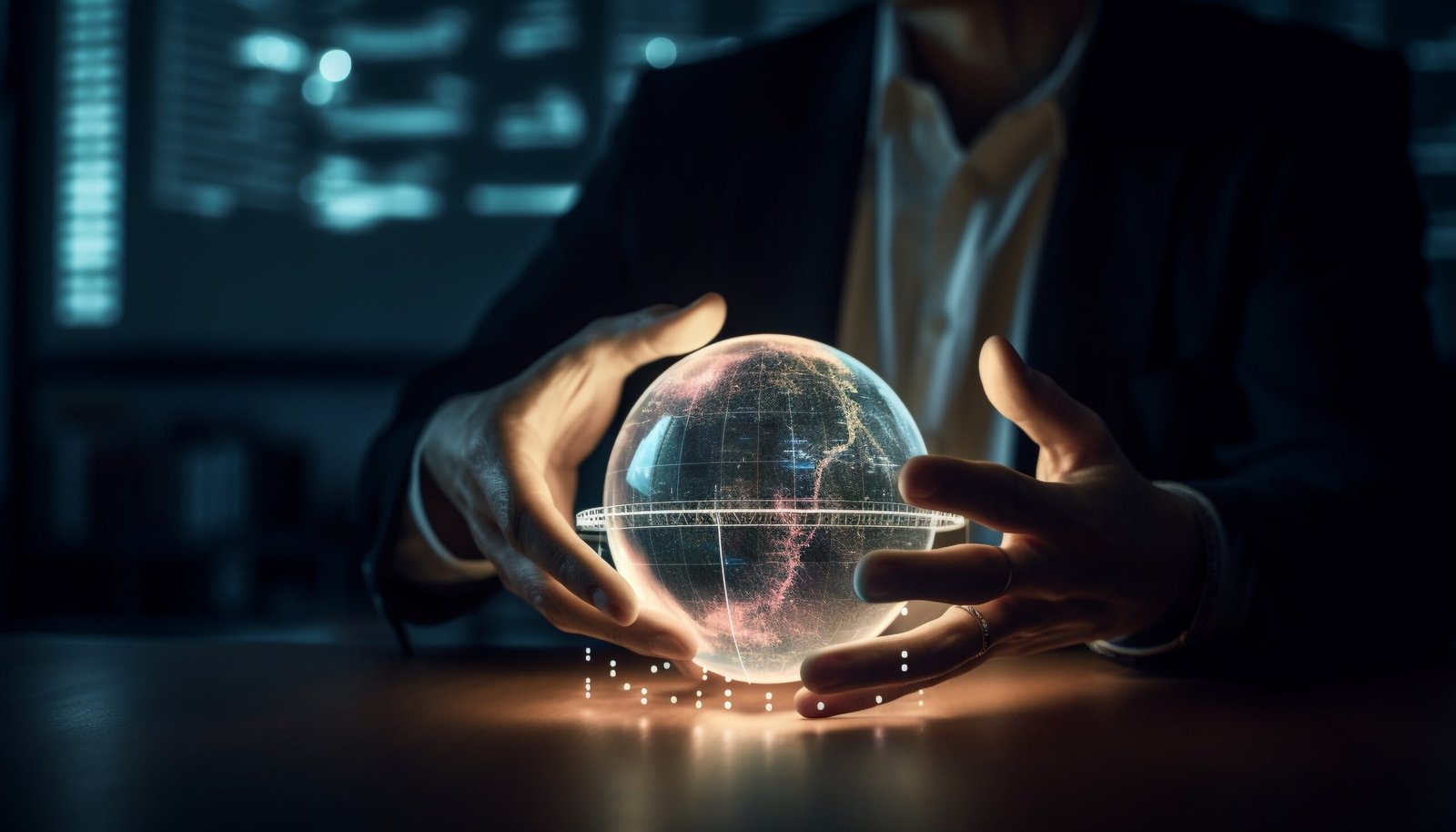 Global businessman holding glowing sphere, futuristic communication concepts generated by artificial intelligence